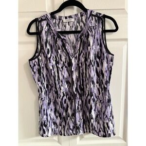 Calvin Klein Sleeveless V Neck Blouse Purple Black White Abstract Print Women